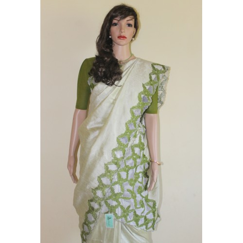 Pista green cotton silk embroidered saree